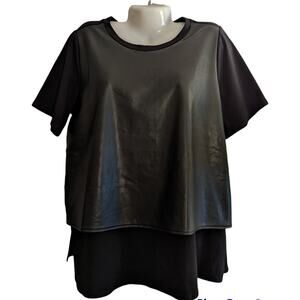 NWT DG2 by Diane Gilman Black Faux Leather Front Double Layer Top Tee Blouse L